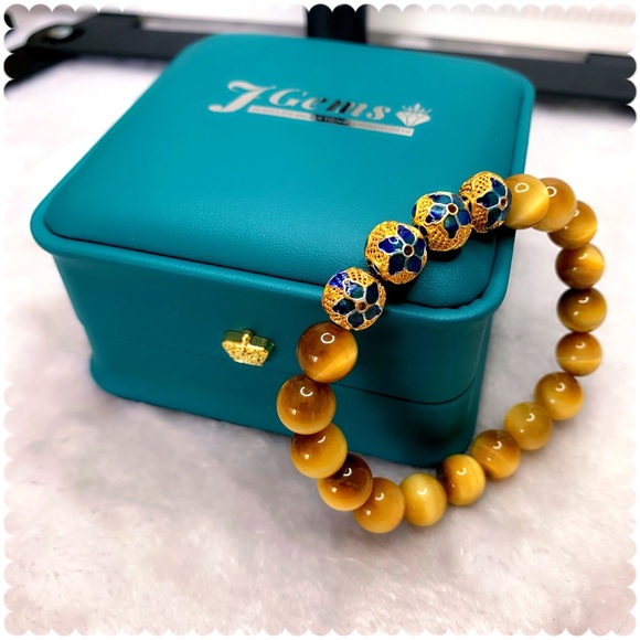 Tiger Eye Gold Grade A3+A5 10mm Cloisonné Gold Plated Charm Bracelet - Picture 3 of 11